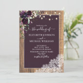 Plum Lila Rustic Wood Script Spitzen Foto Hochzeit Einladung (Stehend Vorderseite)