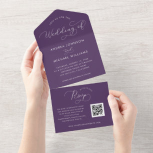 Plum Lila Script Herbst QR Code Hochzeit All In One Einladung