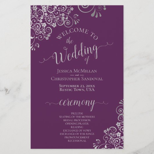 Plum Lila & Silver Curls Budget Hochzeitsprogramm (Vorderseite)