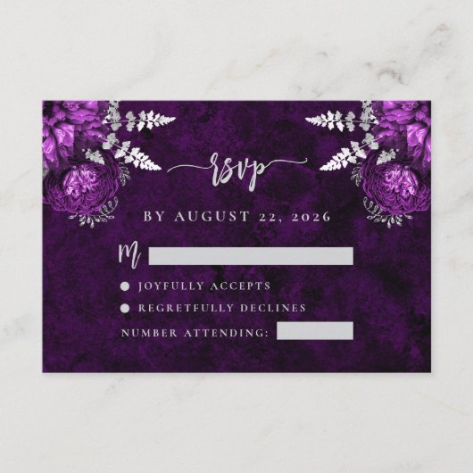 Plum Lila Silver Floral Script Wedding RSVP Begleitkarte (Vorderseite)