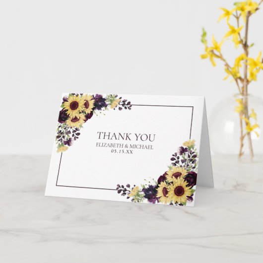 Plum Lila Sonnenblumen Foto Hochzeit Thankyou Karte (Gelbe Blume)