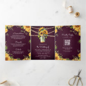 Plum Lila Sonnenblumen Mason Jar QR Code Hochzeit Dreifach Gefaltete Einladung (Innenseite)