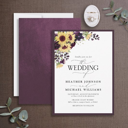 Plum Lila Sunflower Watercolor Script Wedding Einladung