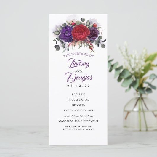 Plum Lila und Burgund Blumenzettel Programm (Stehend Vorderseite)
