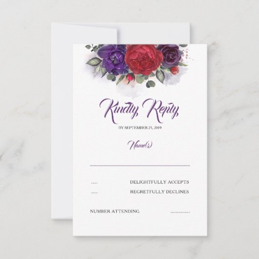 Plum Lila und Burgund Red Floral Wedding RSVP (Vorderseite)