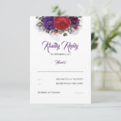 Plum Lila und Burgund Red Floral Wedding RSVP (Stehend Vorderseite)