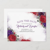 Plum Lila und Burgund Rote Flora Save the Date Ankündigungspostkarte (Vorne/Hinten)