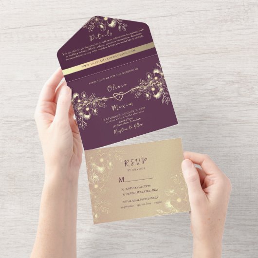 Plum Lila und Gold Wedding All In One Einladung (Abreißen)