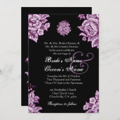 Plum Lila und schwarze Vintage Blume Hochzeit Einladung (Vorne/Hinten)