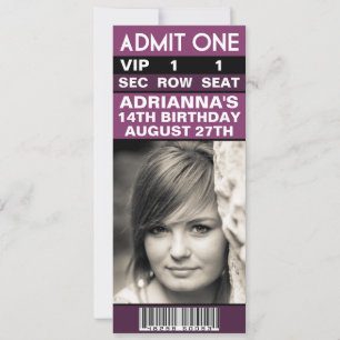 Plum Lila VIP Foto Ticket Geburtstagsparty Einladung