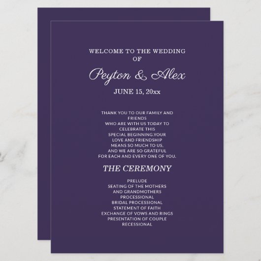 Plum Lila Wedding Program doppelseitig Programm (Vorne/Hinten)