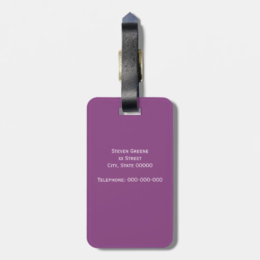 Plum Lila White Gerahmt Initial Monogram Gepäckanhänger (Rückseite vertikal)