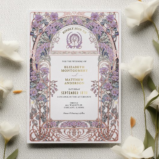 Plum & Lilac Art Nouveau Liebe Gewerkschaft Einlad Folieneinladung
