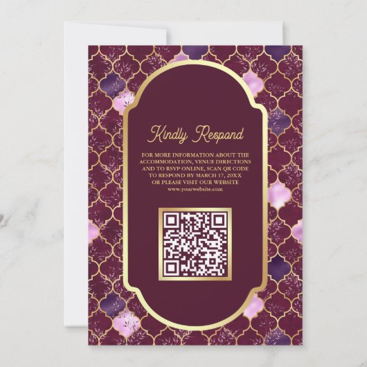 Plum marokkanische Quatrefolie QR Code Muslim Hoch Einladung (Rückseite)
