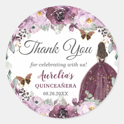 Plum Mauve Floral Butterflies Prinzessin Favor Runder Aufkleber (Vorderseite)