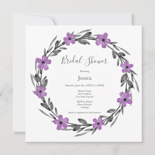 Plum Mauve Grau Schwarze Wasserfarbenwelt Blumenre Einladung (Vorderseite)