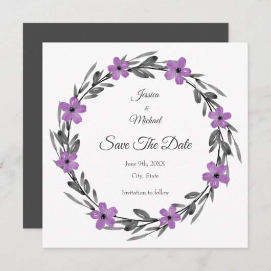 Plum Mauve Grau Schwarze Wasserfarbenwelt Blumenre Save The Date (Vorne/Hinten)