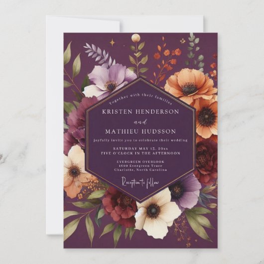 Plum Moody Botanical Wedding Einladung (Vorderseite)
