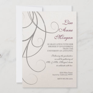 Plum n Silver Leaf Swirl Damask 2 Abschluss Einladung