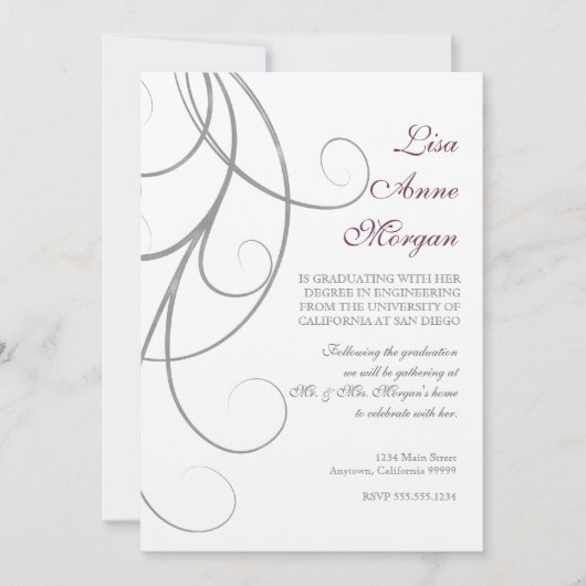 Plum n Silver Leaf Swirl Damask 2 Abschluss Einladung (Vorderseite)