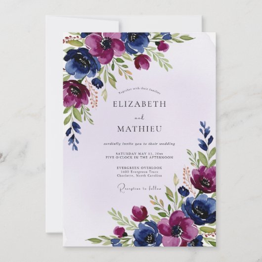Plum Navy Artistic Winter Wedding Einladung (Vorderseite)