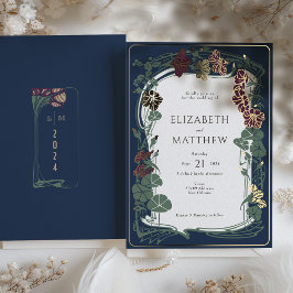 Plum Navy Blue Gold Floral Wedding Folieneinladung