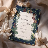 Plum Navy Blue Gold Floral Wedding Folieneinladung
