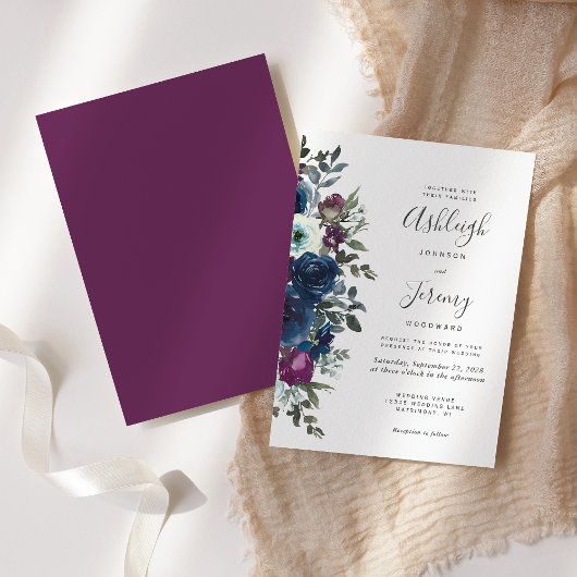 Plum Navy Blue Watercolor Floral Wedding Einladung