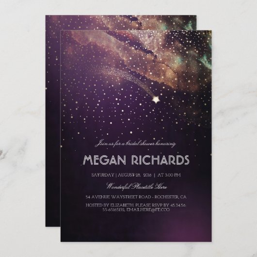 Plum Night Gold Shooting Star Brautparty Einladung (Vorne/Hinten)