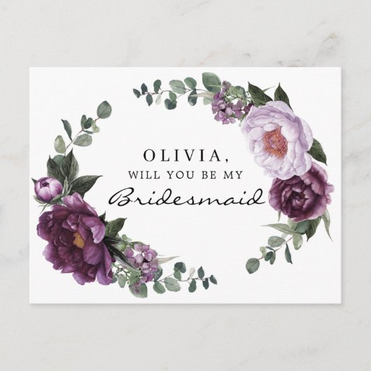 Plum Peonies Bridesmaid Vorschlag Card Postkarte (Vorderseite)