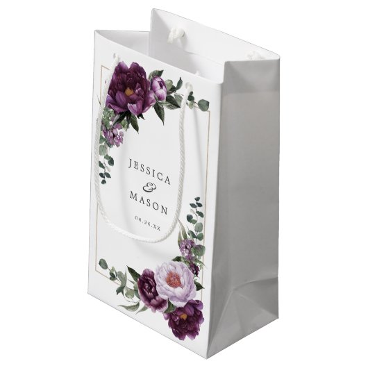 Plum Peonies Floral Hotel Wedding Gift Bag Kleine Geschenktüte (Rückseite Schrägansicht)