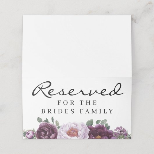 Plum Peonies vorbehaltener Stuhl oder Tafelzeichen Platzkarte (Außenseite Aufgefaltet)