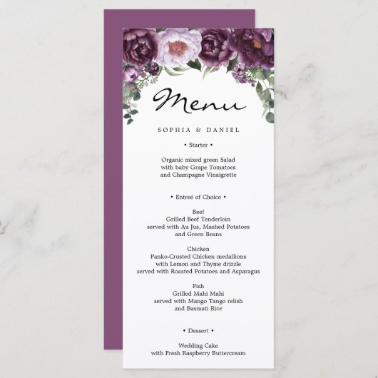 Plum Peonies Wedding Menü Brautparty Menu Programm (Vorne/Hinten)