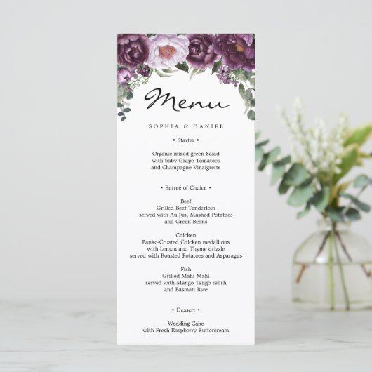 Plum Peonies Wedding Menü Brautparty Menu Programm (Stehend Vorderseite)