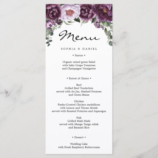 Plum Peonies Wedding Menü Brautparty Menu Programm (Vorderseite)