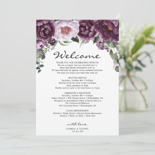 Plum Peonies Wedding Willkommensprogramm Programm (Stehend Vorderseite)