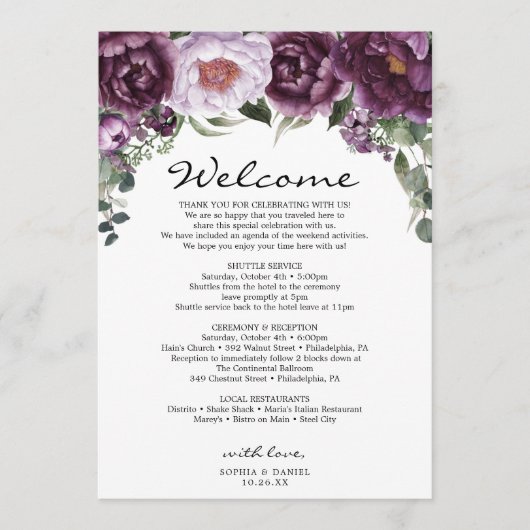 Plum Peonies Wedding Willkommensprogramm Programm (Vorderseite)