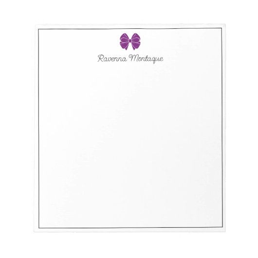 Plum Purple Bow Border Script Custom Name Script Notizblock (Vorderseite)