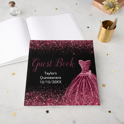 Plum Purple Dress Faux Glitter Quinceanera Gästebuch (Vorderseite offen)