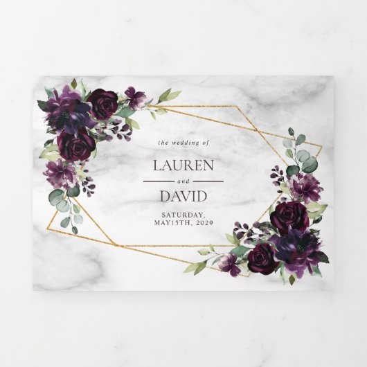 Plum Purple Gold Geometric Marble Photo Dreifach Gefaltete Einladung (Cover)