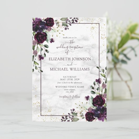 Plum Purple Gold Watercolor Marble Fall Reception Einladung (Stehend Vorderseite)
