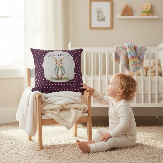 Plum Purple Polka Dot Bunny Name Accent Pillow Kissen