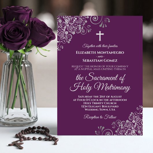 Plum Purple & Silver Chic Modern Catholic Wedding Einladung