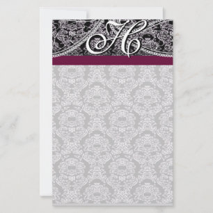 Plum Ribbon Monogram Letterhead Black Paisley
