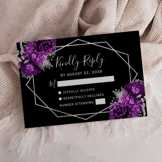 Plum Silver Floral Geometric Black RSVP Karte