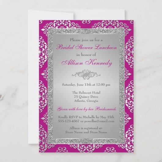 Plum, Silver Glitzer Damask Brautparty Einladung (Vorderseite)