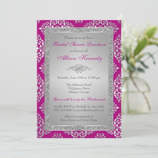 Plum, Silver Glitzer Damask Brautparty Einladung (Stehend Vorderseite)