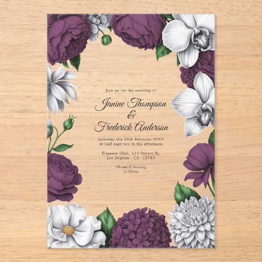 Plum & Silver Modern Botanical Wedding Acryleinladungen (Vorderseite)