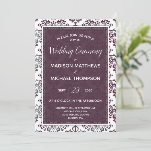 Plum Silver Virtual Wedding Livestream Wedding Einladung (Stehend Vorderseite)