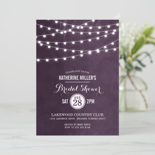 Plum String Lights Bridal Dusche Einladung (Stehend Vorderseite)